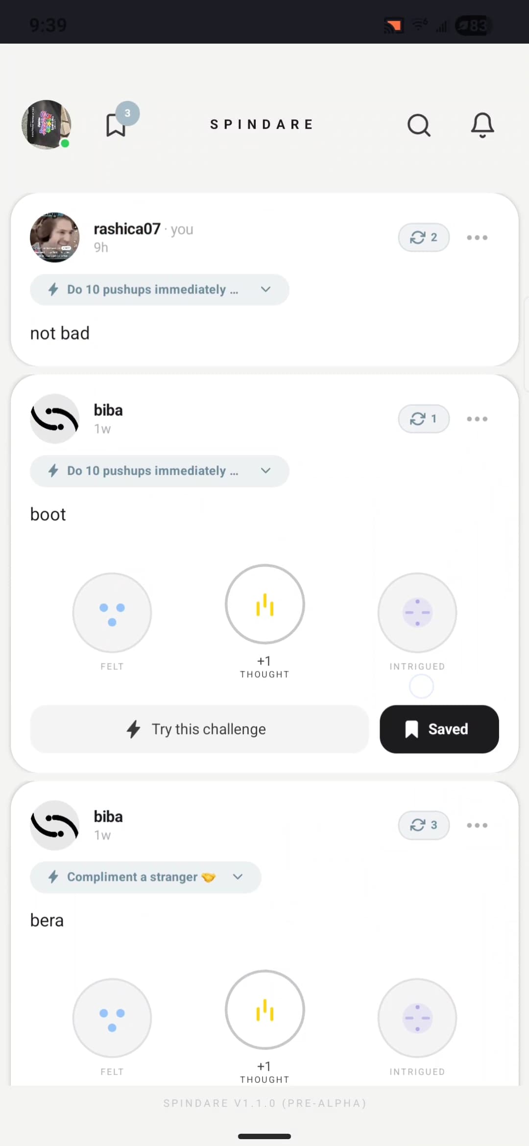 Social feed — challenges + reactions