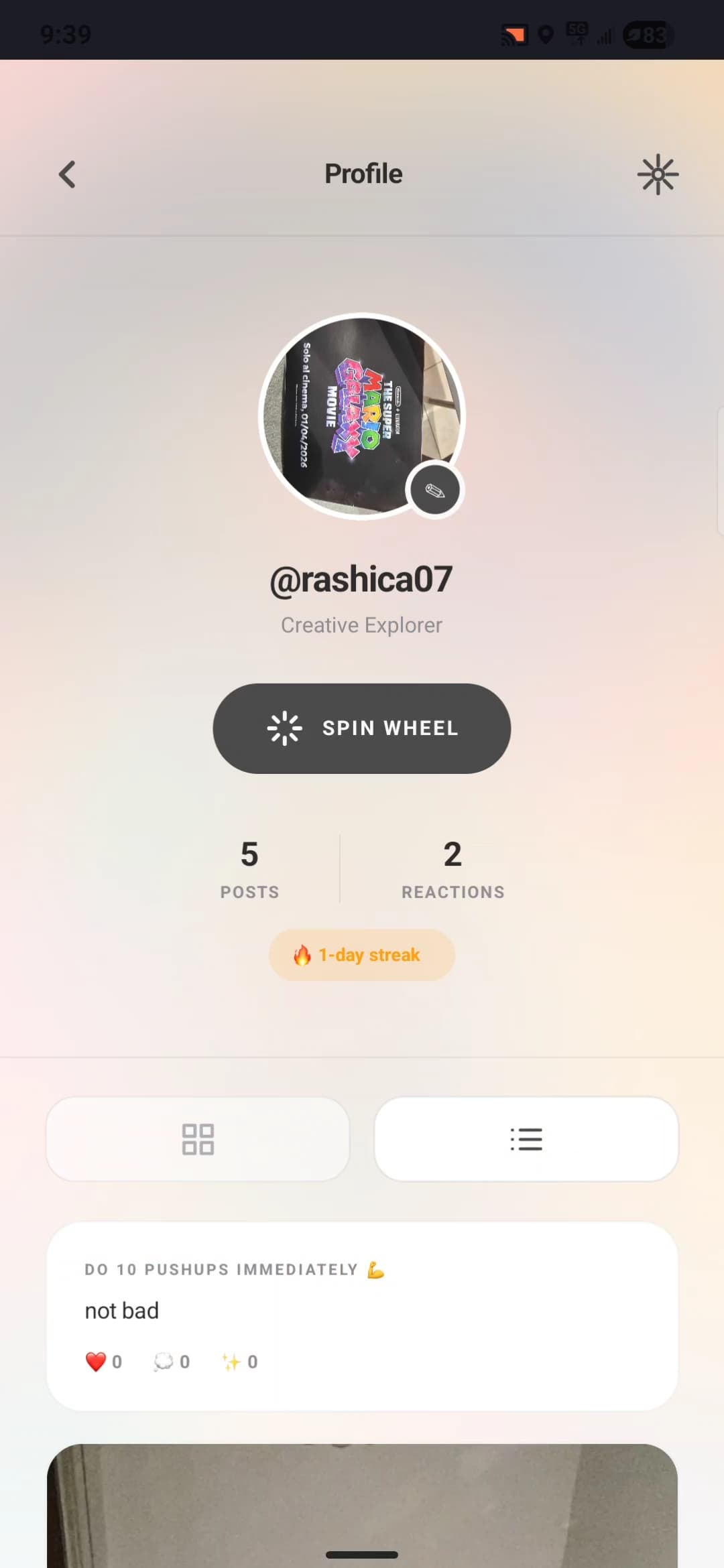 Profile — spin wheel + streaks