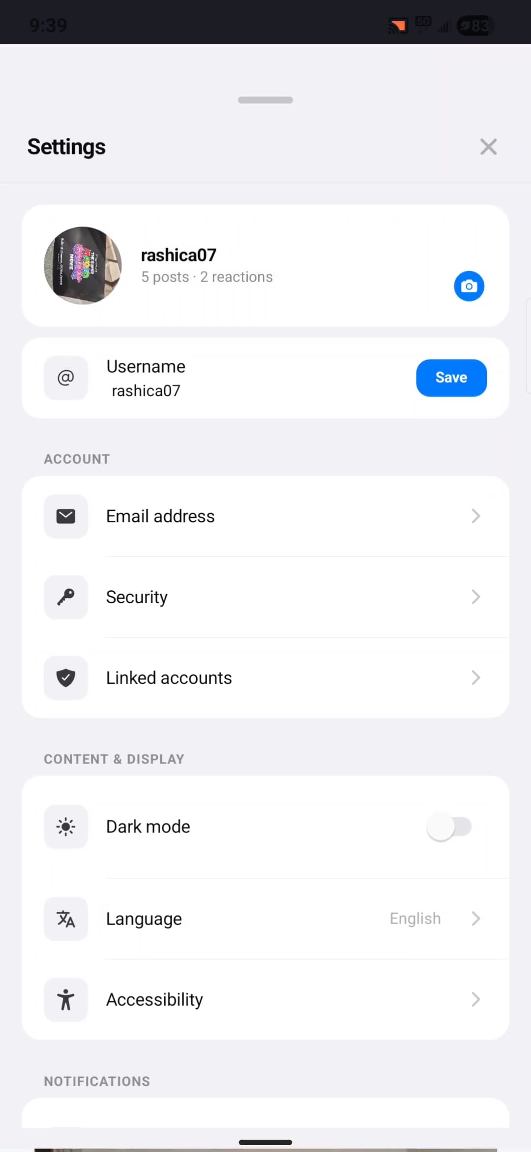 Settings screen